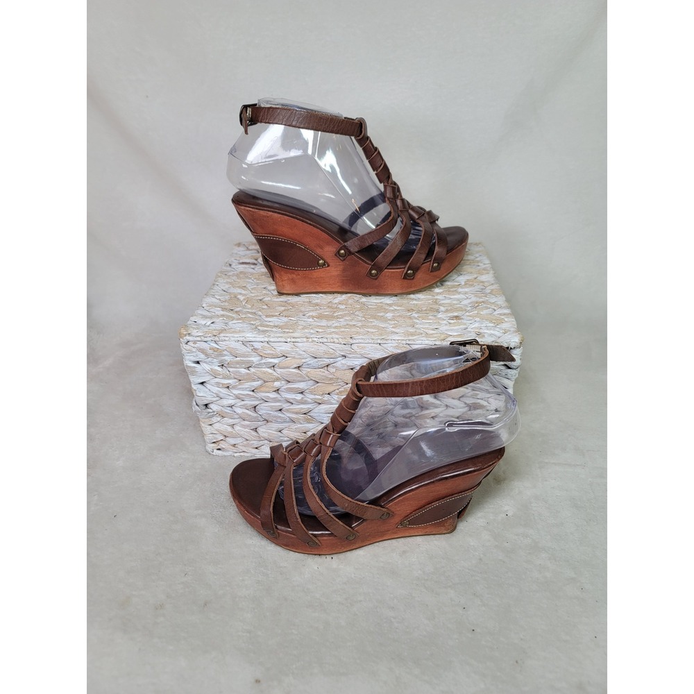 Bed Stu Cobbler Series Boho Strappy Wedge Sandals Brown Leather 8.5B Gladiator